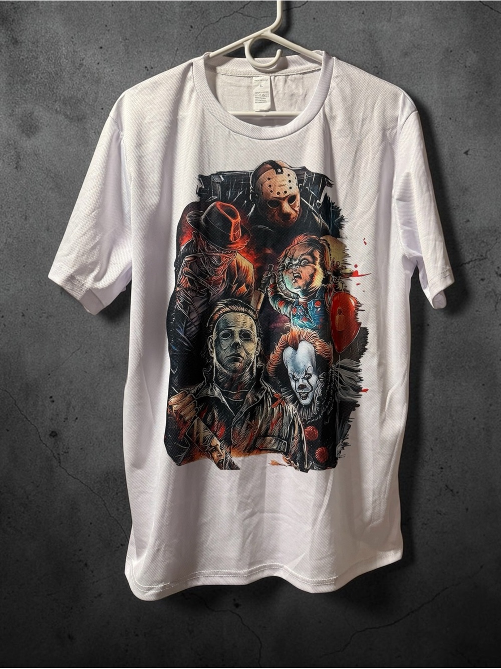 Men’s Halloween White Graphic Horror Characters T-Shirt Size Large